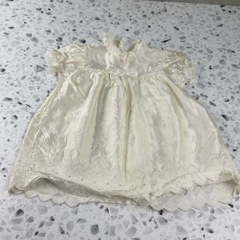 Vintage Infant Christening Dress Ivory Lace 9-12 months acetate